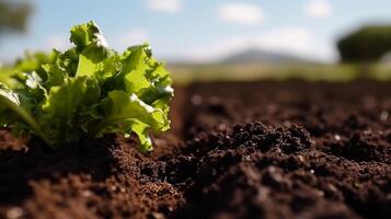 Close up of lettuce farm, black soil and blur cottage in the middle of the farm blue sky sunny day. Product display montage. . photo