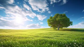 Land scape image of Extensive lawn and blue sky, white clouds and the sun on the horizon, big tree. photo