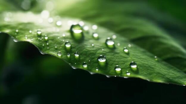 un verde hoja con agua gotas superficie, con un oscuro verde antecedentes. generativo ai foto