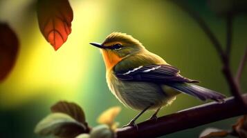 Warbler perching on a branch, Bright clear ligh blur background of green nature. photo