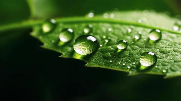 un verde hoja con agua gotas superficie, con un oscuro verde antecedentes. generativo ai foto