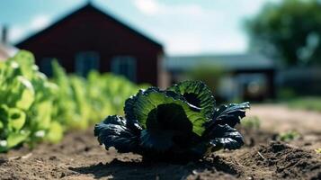 cerca arriba de lechuga granja, negro suelo y difuminar cabaña en el medio de el granja azul cielo soleado día. producto monitor montaje. generativo ai. foto