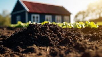 cerca arriba de lechuga granja, negro suelo y difuminar cabaña en el medio de el granja azul cielo soleado día. producto monitor montaje. generativo ai. foto