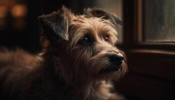 Cute terrier puppy portrait looking at camera outdoors generated by AI photo