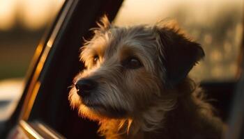 Cute puppy sitting in car, looking out window generated by AI photo