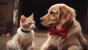 linda perrito y gatito sesión, jugando, y acurrucarse generado por ai foto