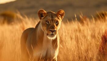 majestuoso leona caminando en africano sabana puesta de sol generado por ai foto