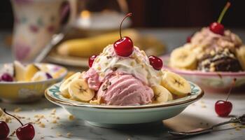 indulgente hielo crema helado con frutas y nueces con baya salsa generado por ai foto