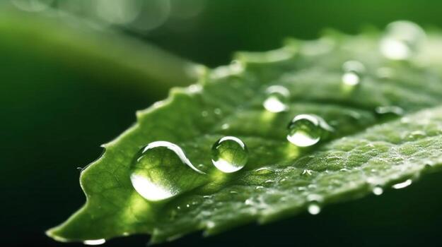 un verde hoja con agua gotas superficie, con un oscuro verde antecedentes. generativo ai foto