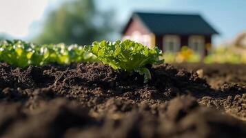 Close up of lettuce farm, black soil and blur cottage in the middle of the farm blue sky sunny day. Product display montage. . photo