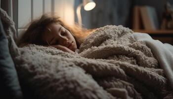 Caucasian child napping on comfortable soft pillow generated by AI photo