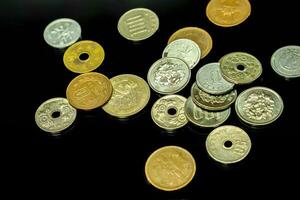 Closeup and top view of Japan currency coins isolate on black background. photo