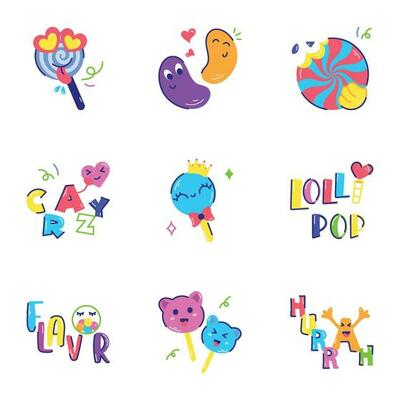 Modern Pack of Typography and Sweets Flat Stickers