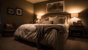 cómodo moderno dormitorio con elegante hotel lujo generado por ai foto