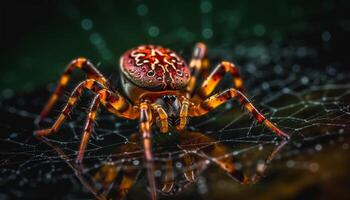 Spooky arachnid on yellow web in nature generated by AI photo