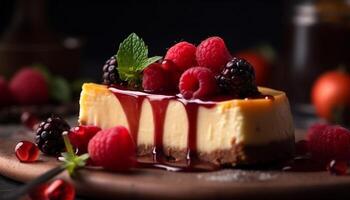 Gourmet dessert plate raspberry cheesecake mousse indulgence generated by AI photo