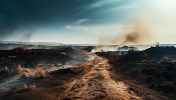 Burning forest fire destroys natural environment and landscape generated by AI photo