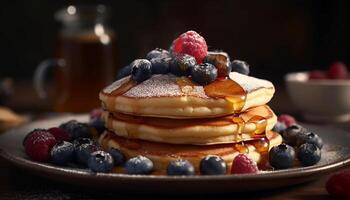 Fresh berry pancakes stacked high on plate generated by AI photo