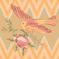 Drawing bird flying with flower roses tropical vintage print, stripes zigzag pattern grunge retro background in pastel colors. Vector illustration for design, fashion, textile, greeting card