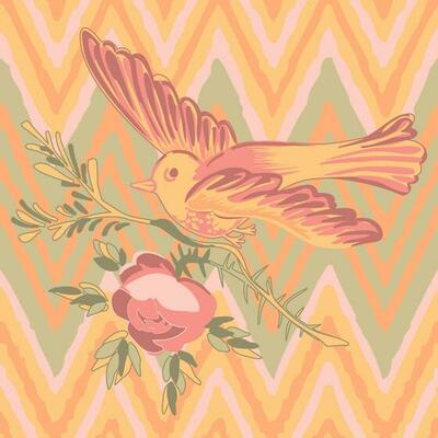 Drawing bird flying with flower roses tropical vintage print, stripes zigzag pattern grunge retro background in pastel colors. Vector illustration for design, fashion, textile, greeting card