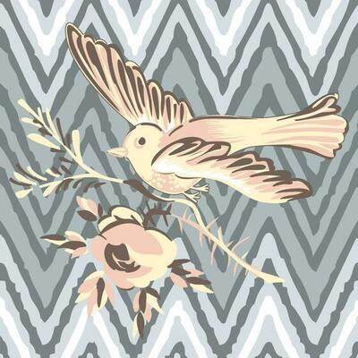 Drawing bird flying with flower roses tropical vintage print, stripes zigzag pattern grunge retro background in pastel colors. Vector illustration for design, fashion, textile, greeting card