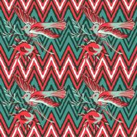Hand drawn bird flying with flower roses on zigzag pattern red background. Ethnic vintage print. Vector illustration for design, fashion, textile, greeting card, fabric, wrapping paper