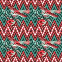 Hand drawn bird flying with flower roses on zigzag pattern red background. Ethnic vintage print. Vector illustration for design, fashion, textile, greeting card, fabric, wrapping paper