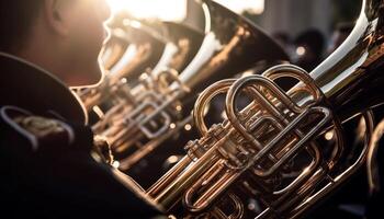 Brass musician blowing shiny trumpet in foreground generated by AI photo