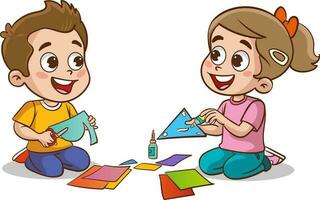 little kid cut paper for art with friend cartoon vector