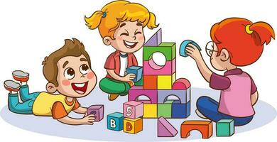 Illustration of Kids Playing with Colorful Blocks on a White Background vector