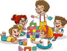 Illustration of Kids Playing with Colorful Blocks on a White Background vector