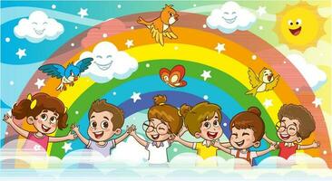 Children and rainbow. Vector illustration. Isolated on white background