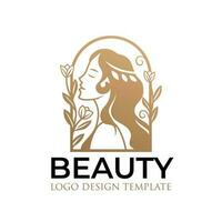 hermosa mujer logo con oro hojas y flores vector