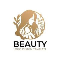 hermosa mujer logo con oro hojas y flores vector