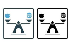 equilibrado dieta icono. manzanas, hamburguesas y escamas. icono relacionado a bienestar, saludable. sólido icono estilo diseño. sencillo vector diseño editable
