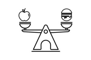 balanced diet icon. apples, burgers and scales. icon related to wellness, healthy. Line icon style design. Simple vector design editable