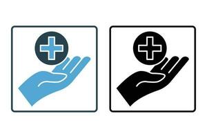 Health care icon. Hand and medical cross vector. Solid icon style design. Simple vector design editable