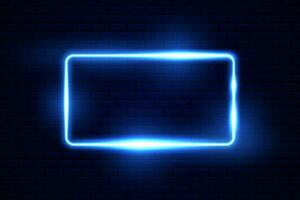 Vector square frame blue neon light on dark blue overlap design on brickwall background.