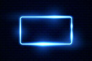 Vector square frame blue neon light on dark blue overlap design on brickwall background.