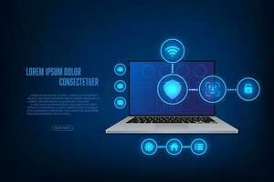 Vector laptop mockup with icon. Cyber security online concept. Technology connecting abstract background.