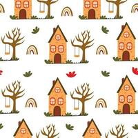 Seamless pattern with cute house and swing. Vector cartoon