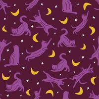 Seamless pattern with cats in the night sky. Vector