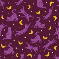 Seamless pattern with cats in the night sky. Vector