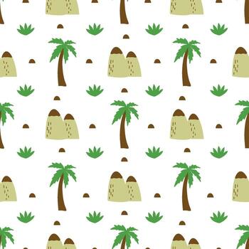 Seamless pattern palm tree, mountain. Vector hand drawn