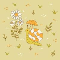 Snail in field next to sprig of daisies. Vector