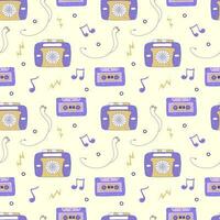 Seamless pattern with vintage audio player and cassette. Vector