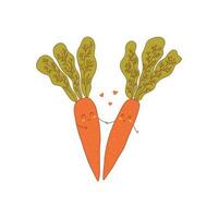 Two cute carrots in love holding hands. Vector
