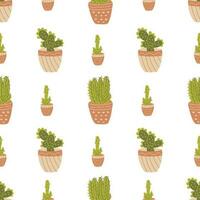 Seamless pattern with cute cacti in pot. Vector colorful