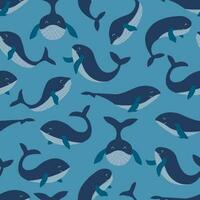 Seamless pattern with blue happy whale. Hand drawn vector