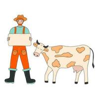 masculino granjero protestas con póster y vaca. vector mano dibujado